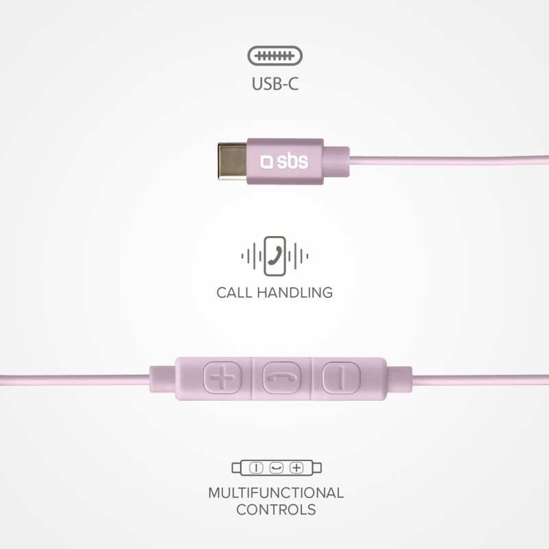 Różowe słuchawki douszne z przyciskami sterowania i złączem USB-C. Ikony powyżej.
