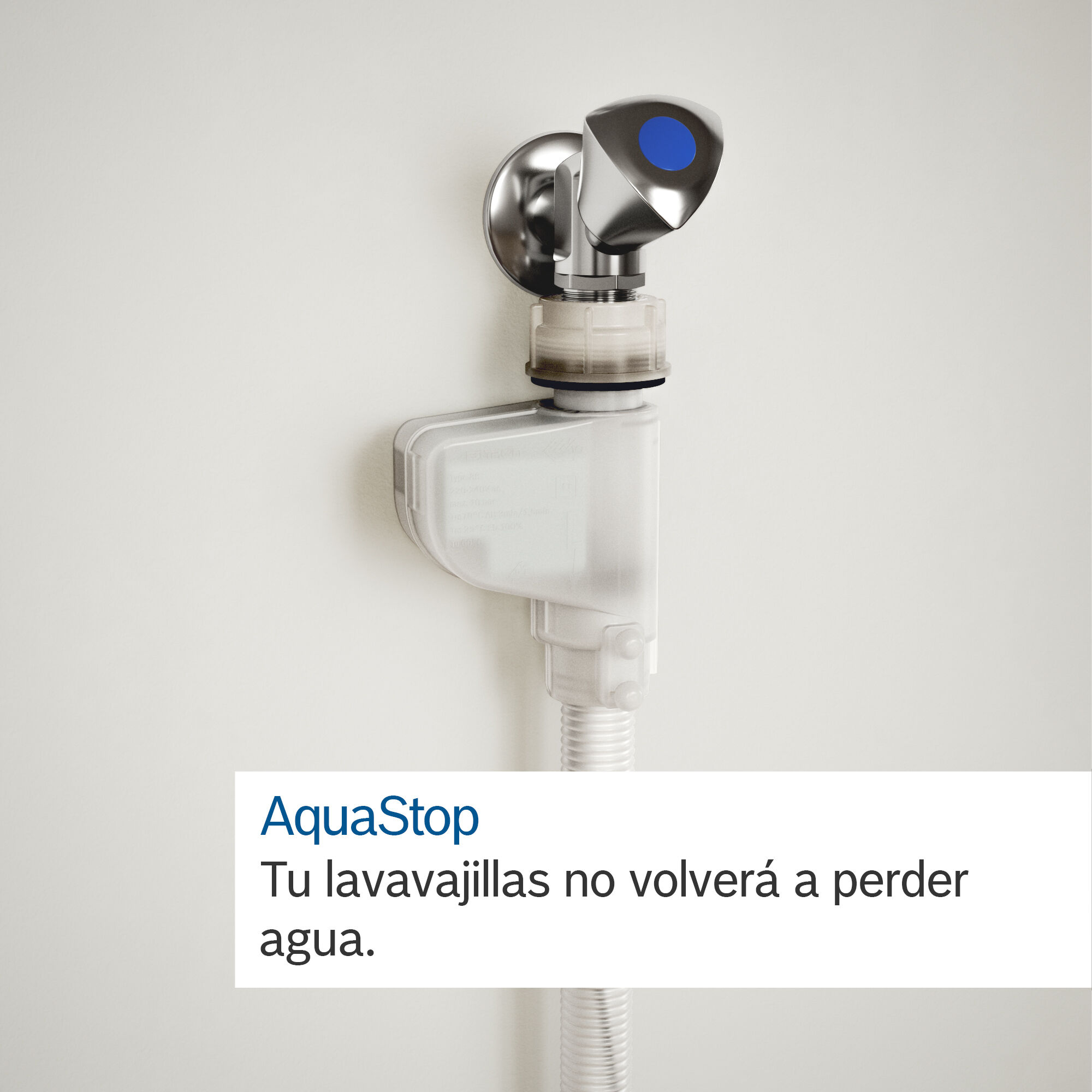 Dispositivo AquaStop en pared blanca con texto en español.