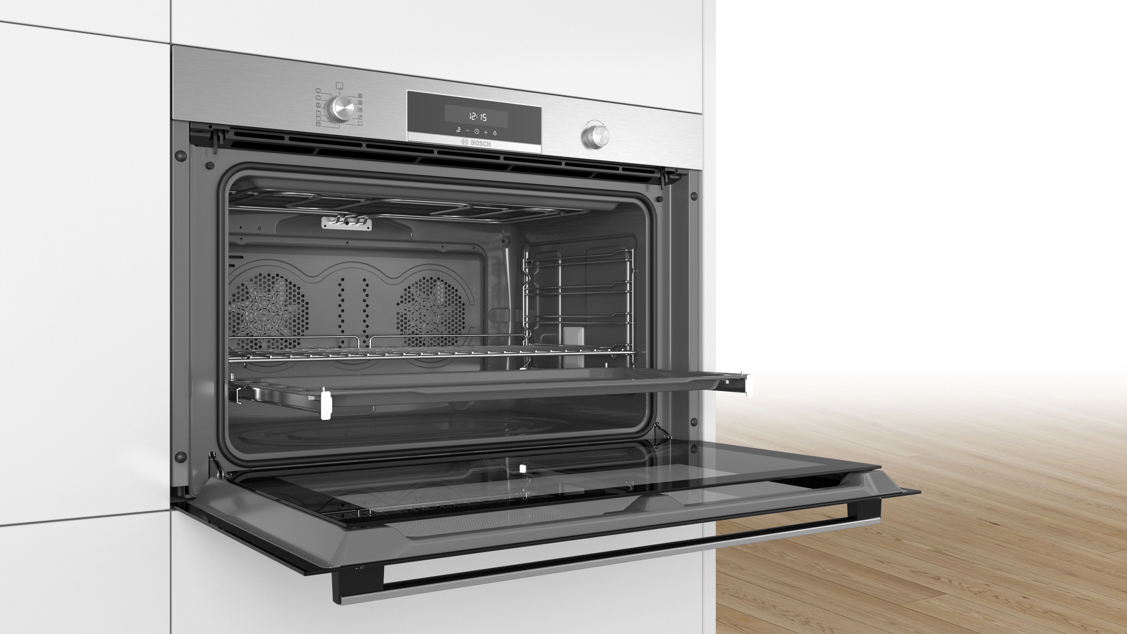 Un horno Bosch abierto, interior visible, y un suelo de madera en el fondo, paredes blancas.