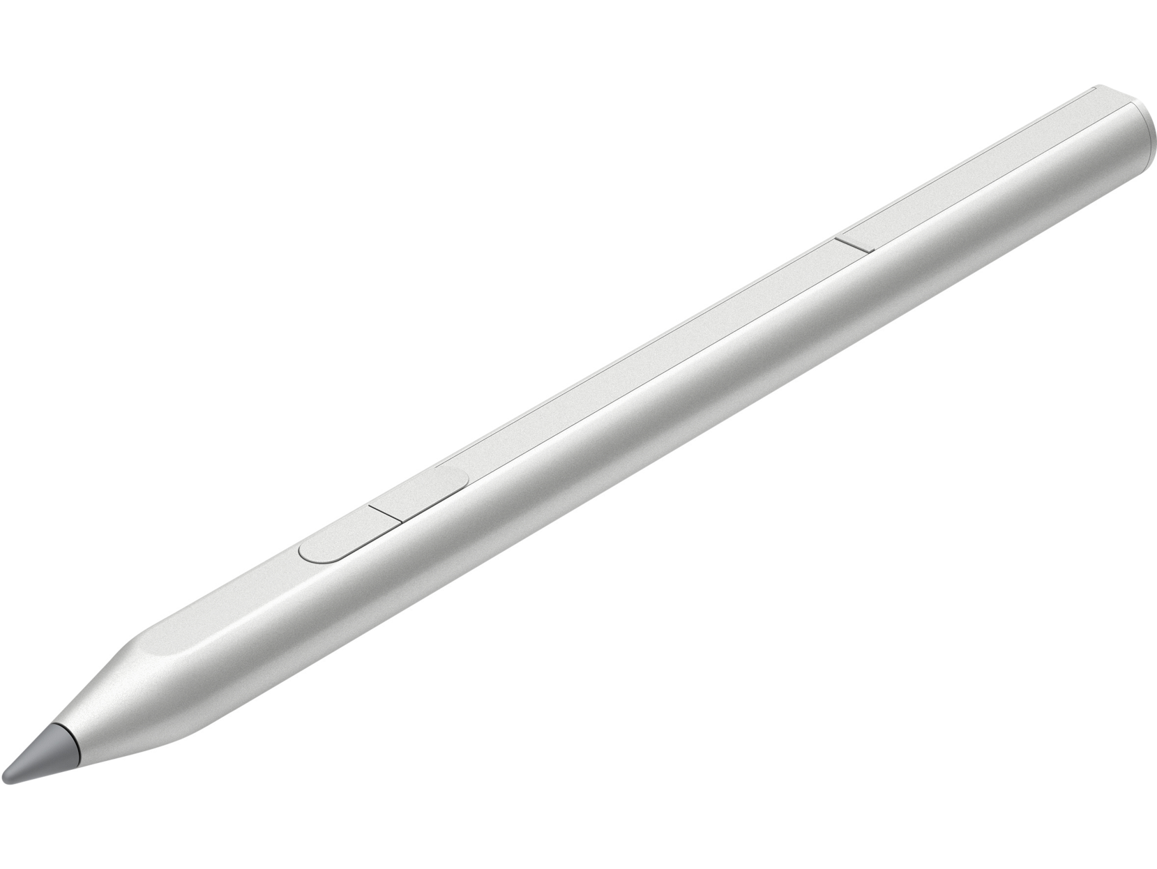 Un bolígrafo stylus blanco con dos botones sobre fondo negro.