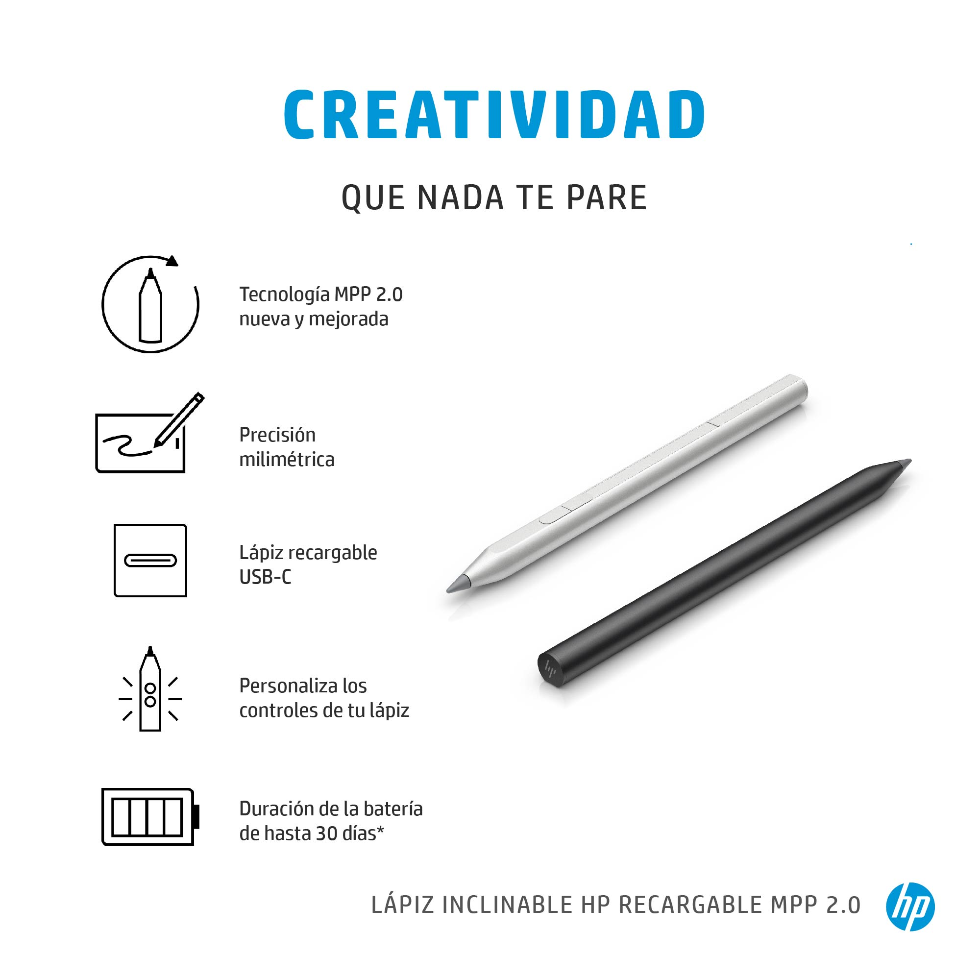 Dos lápices, negro y plateado, sobre una superficie blanca con iconos y texto sobre funciones.