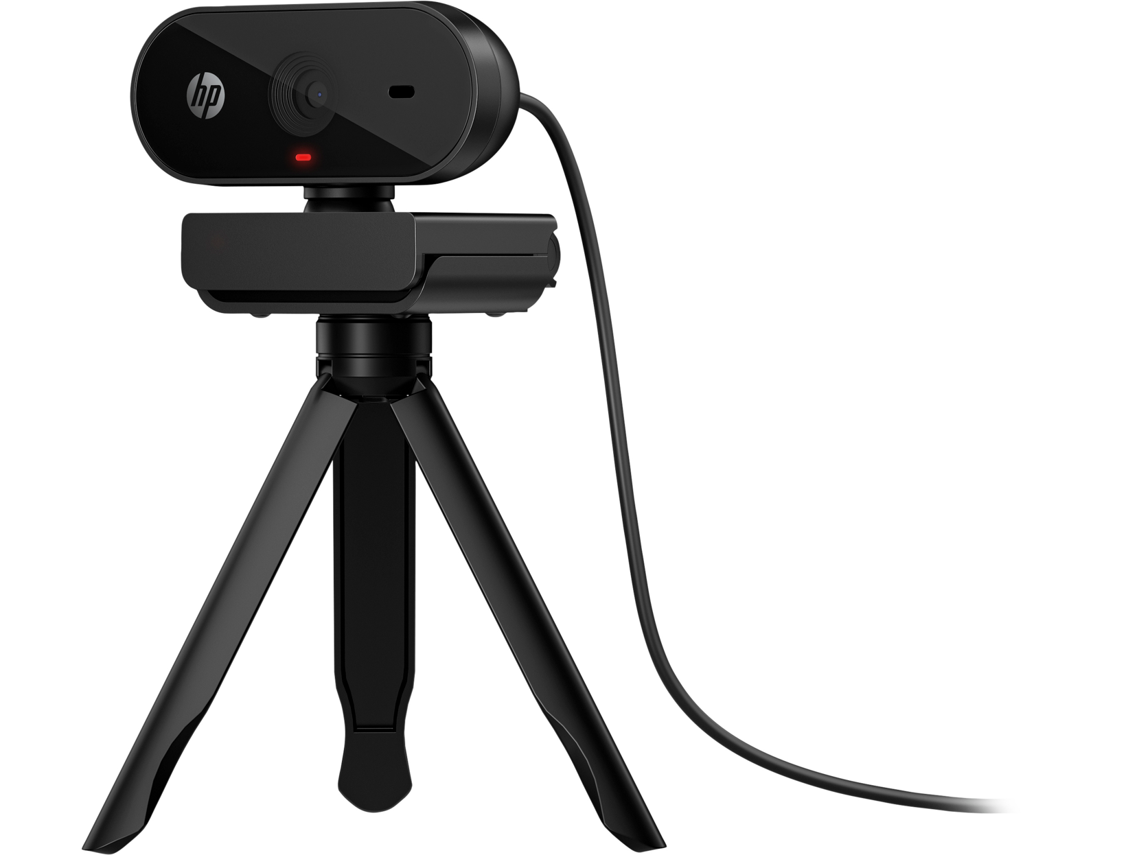 Una cámara web HP negra en un trípode. Tiene una luz roja y un cable conectado. El fondo es liso.