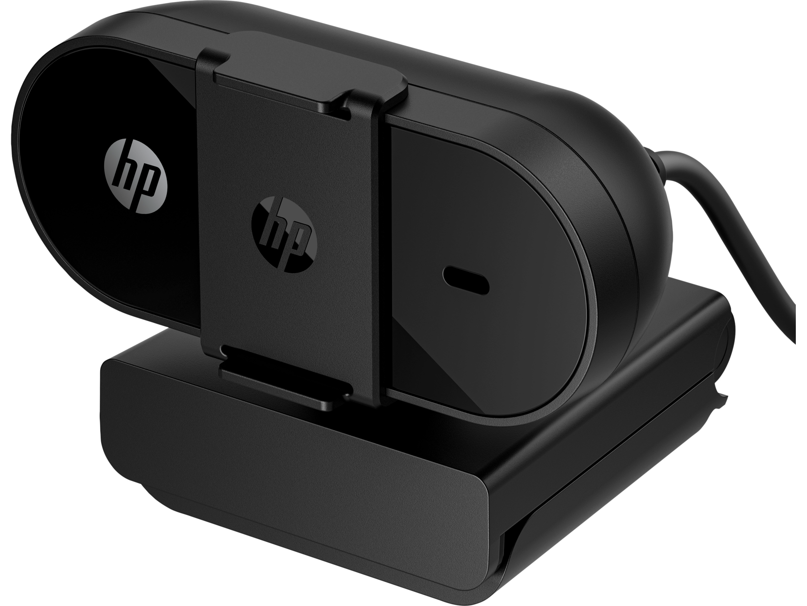 Una webcam HP negra con clip y soporte, contra un fondo negro.