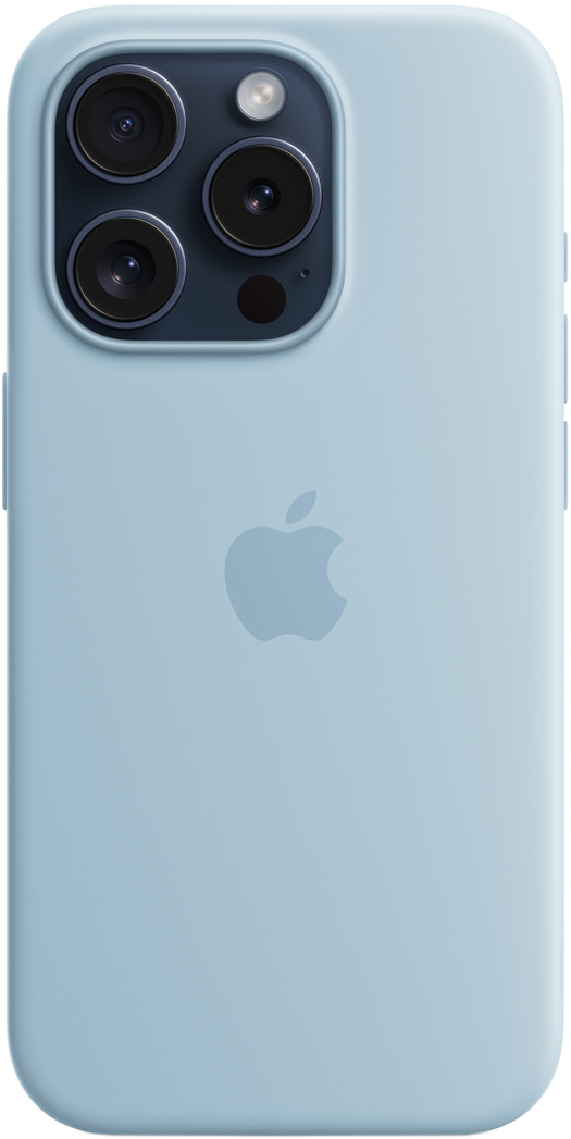 Világoskék iPhone tok három kamerával és Apple logóval.