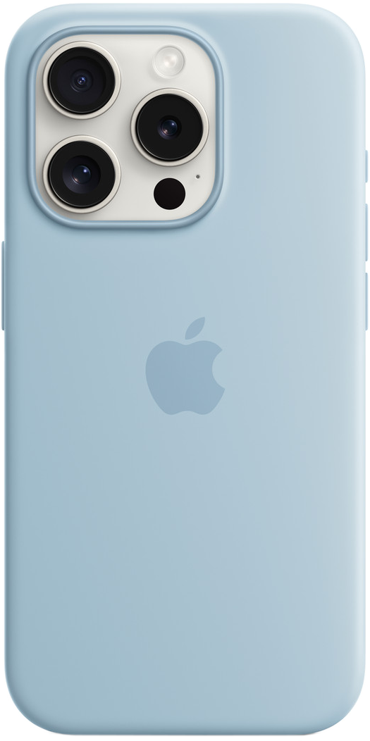 Egy világoskék iPhone tok, három kamerával és egy Apple logóval a hátoldalon.
