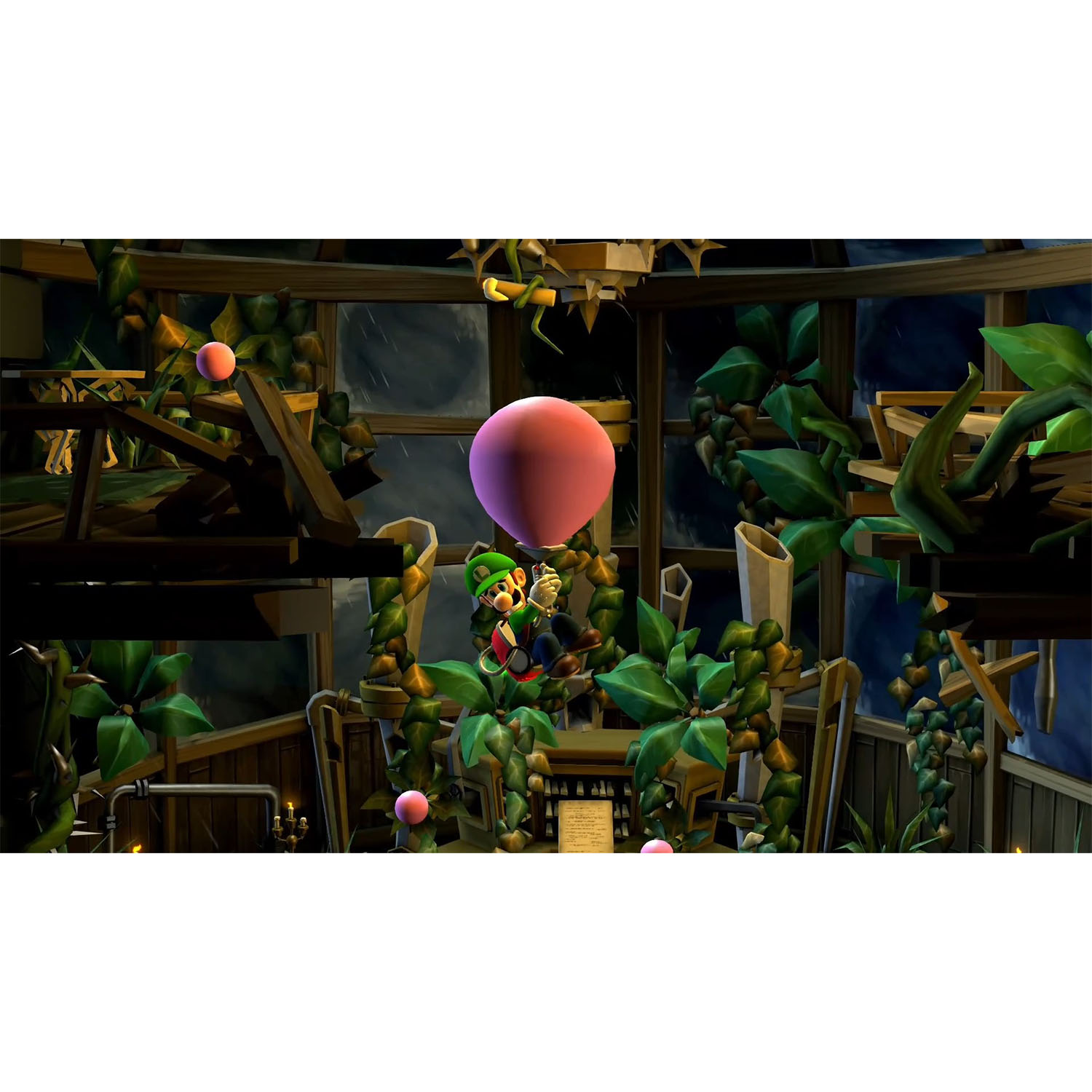 Luigi vola con un palloncino rosa in una scena di gioco.
