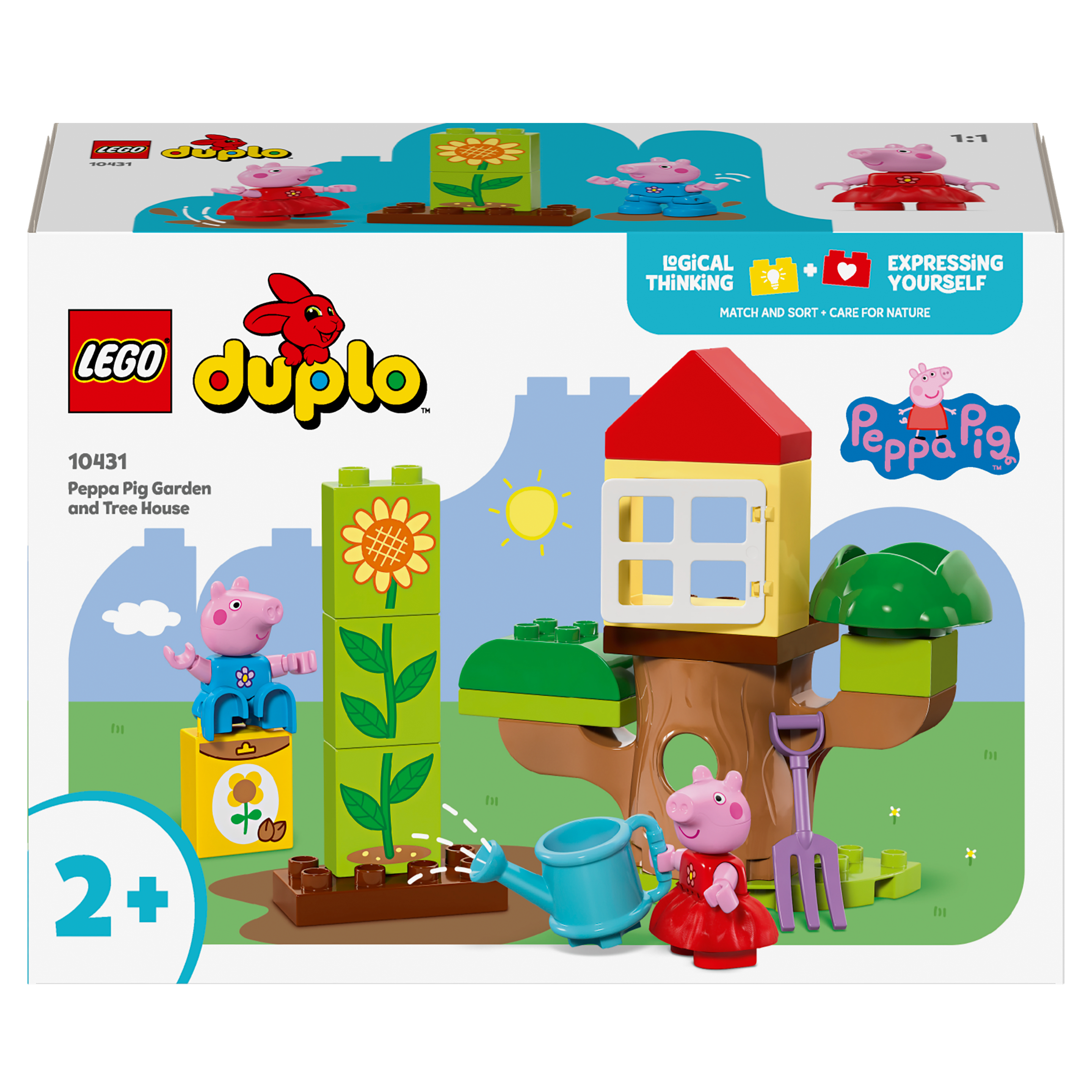 LEGO Duplo Set. Enthält Peppa Wutz Figuren, ein Baumhaus und Gartenelemente auf einer weißen Box.