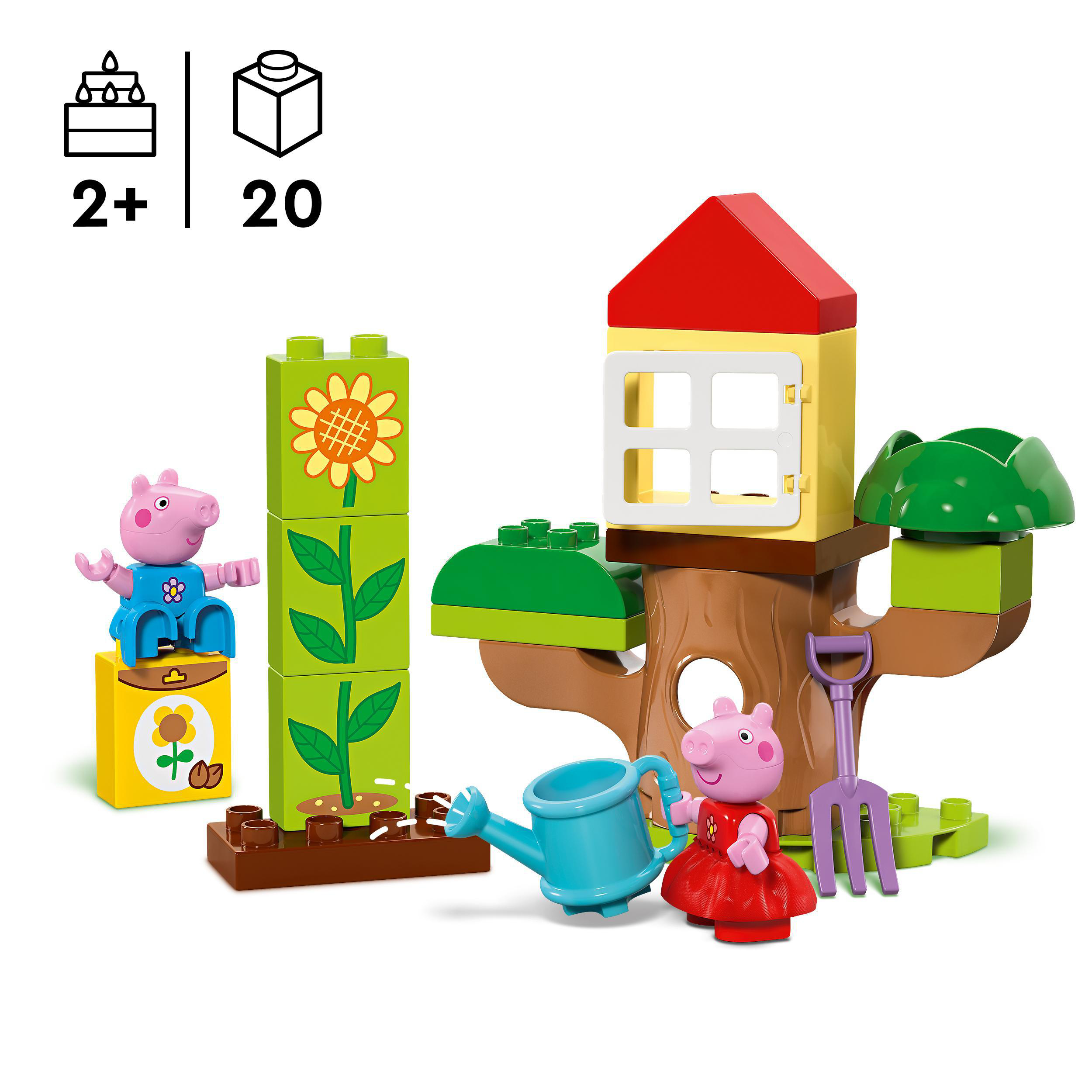 Peppa Wutz Duplo Set. Peppa und George Figuren, Baumhaus und Gartenelemente. Weißer Hintergrund.