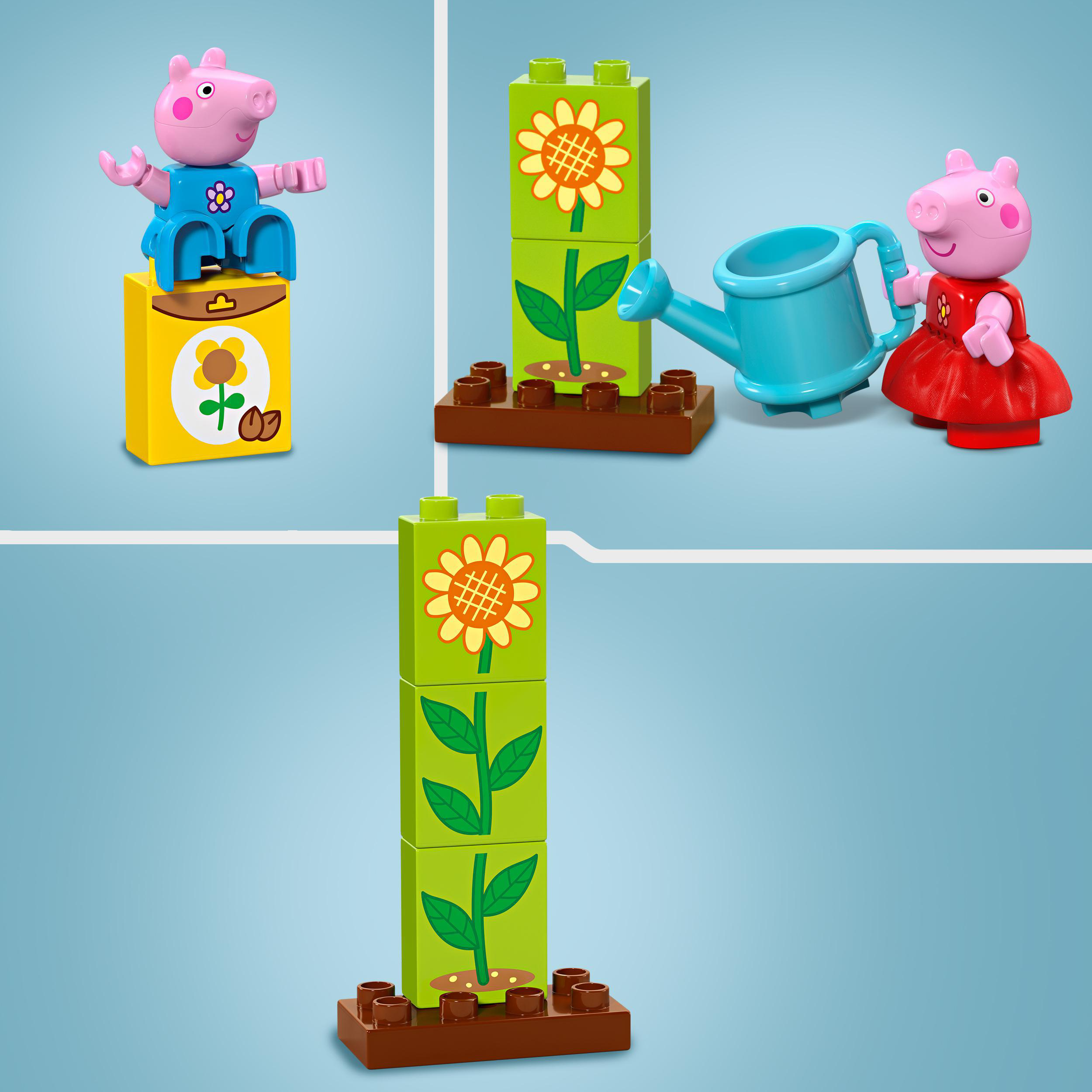 Peppa Wutz Figuren mit Lego-Blöcken, Sonnenblume und Gießkanne auf blauem Hintergrund.