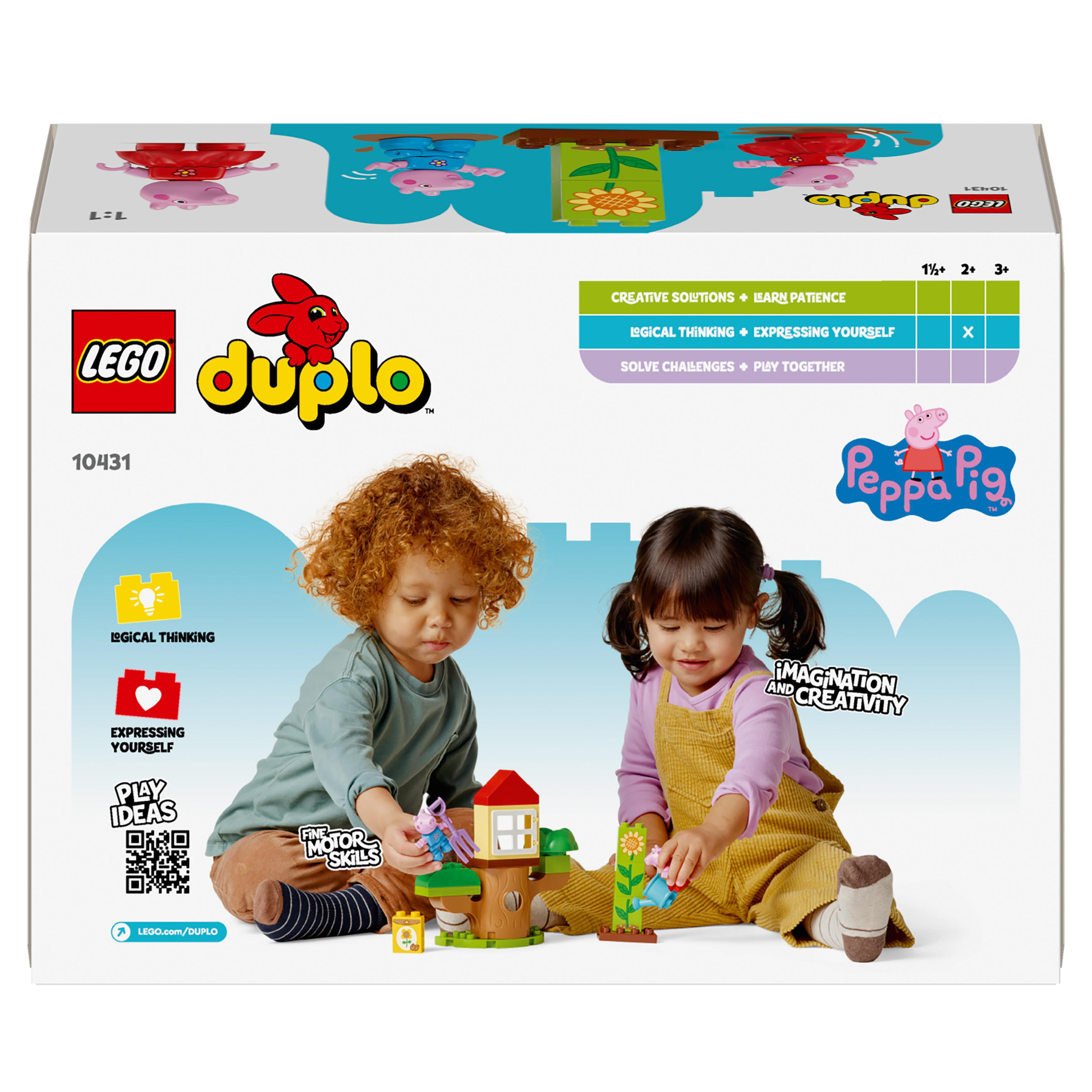 Rückseite einer Lego Duplo Box mit spielenden Kindern, Peppa Wutz und Text über Fähigkeiten.