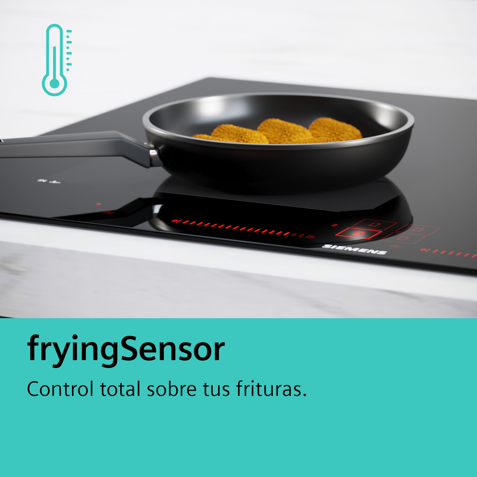 Placa de cocina negra con sartén y comida, con texto y un gráfico de temperatura.