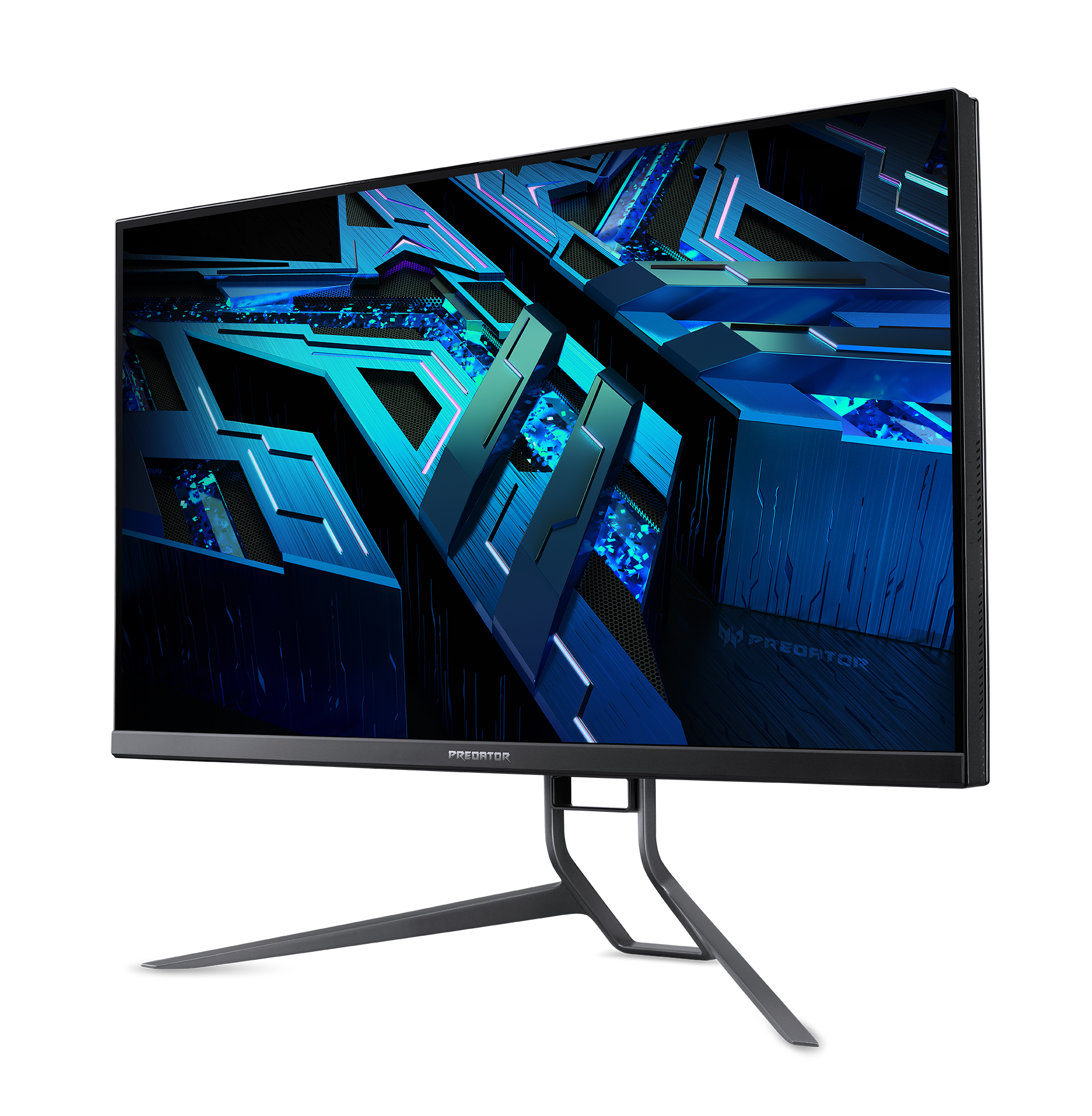 Monitor de juegos Predator negro sobre soporte negro sobre fondo negro.