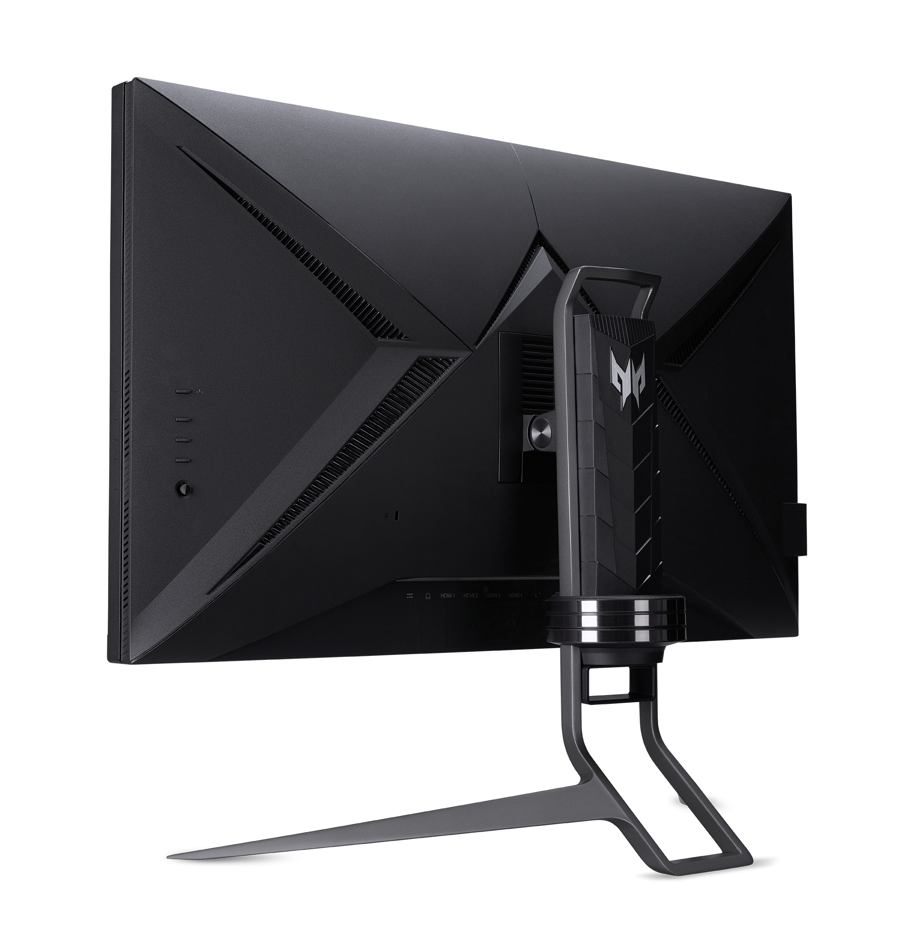 Monitor gaming negro, vista trasera, con soporte.