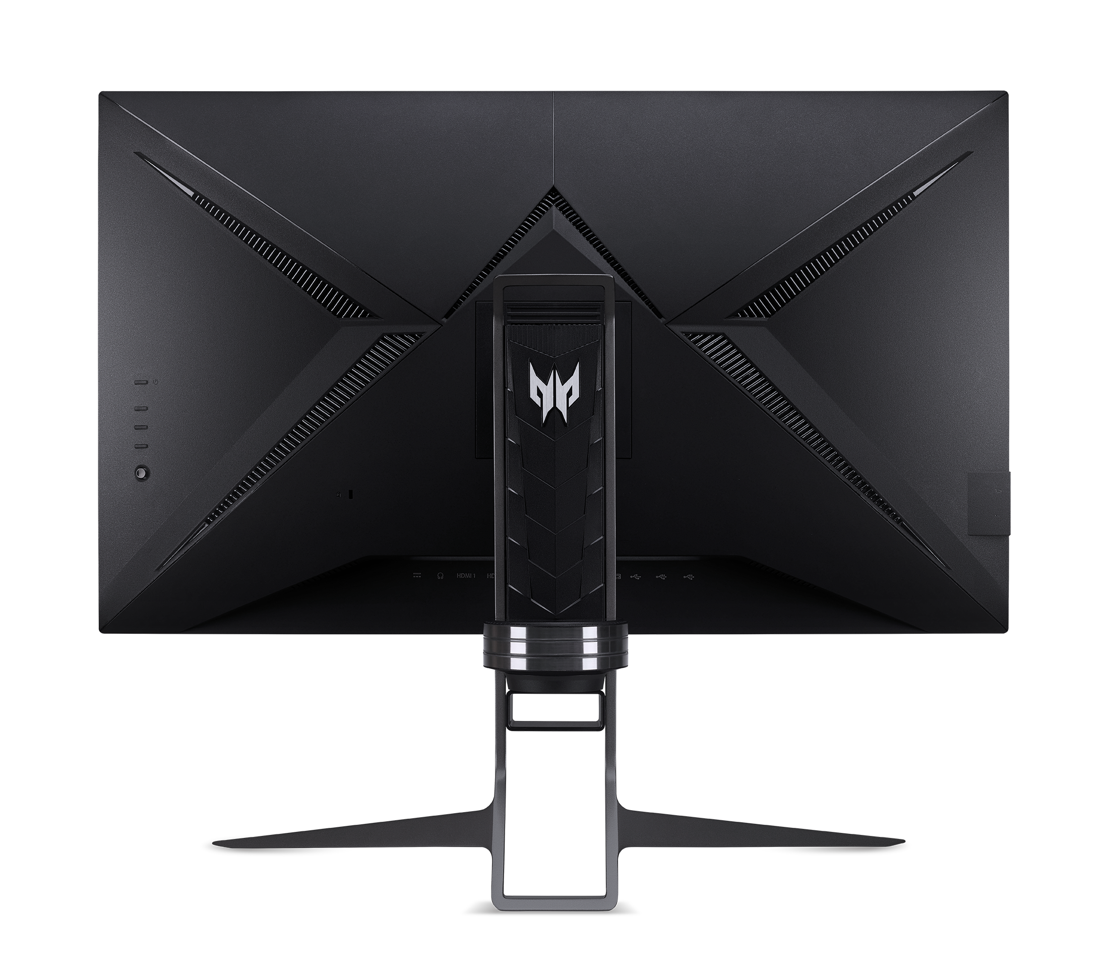 Parte trasera de un monitor de computadora negro. La parte trasera tiene un soporte, el logotipo de Predator y varios puertos.