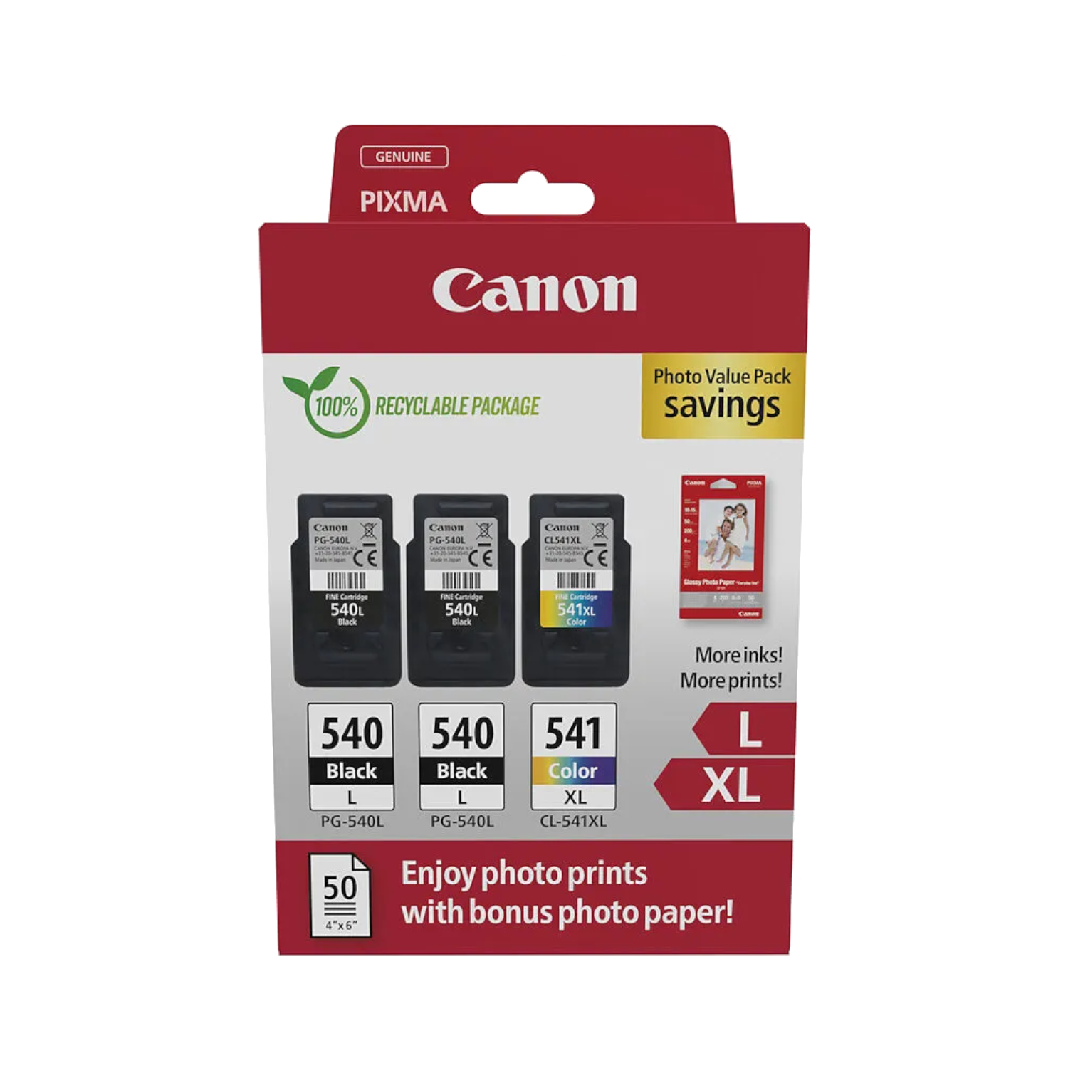 Pack de cartouches d'encre Canon. Contient du noir, de la couleur et du papier photo.