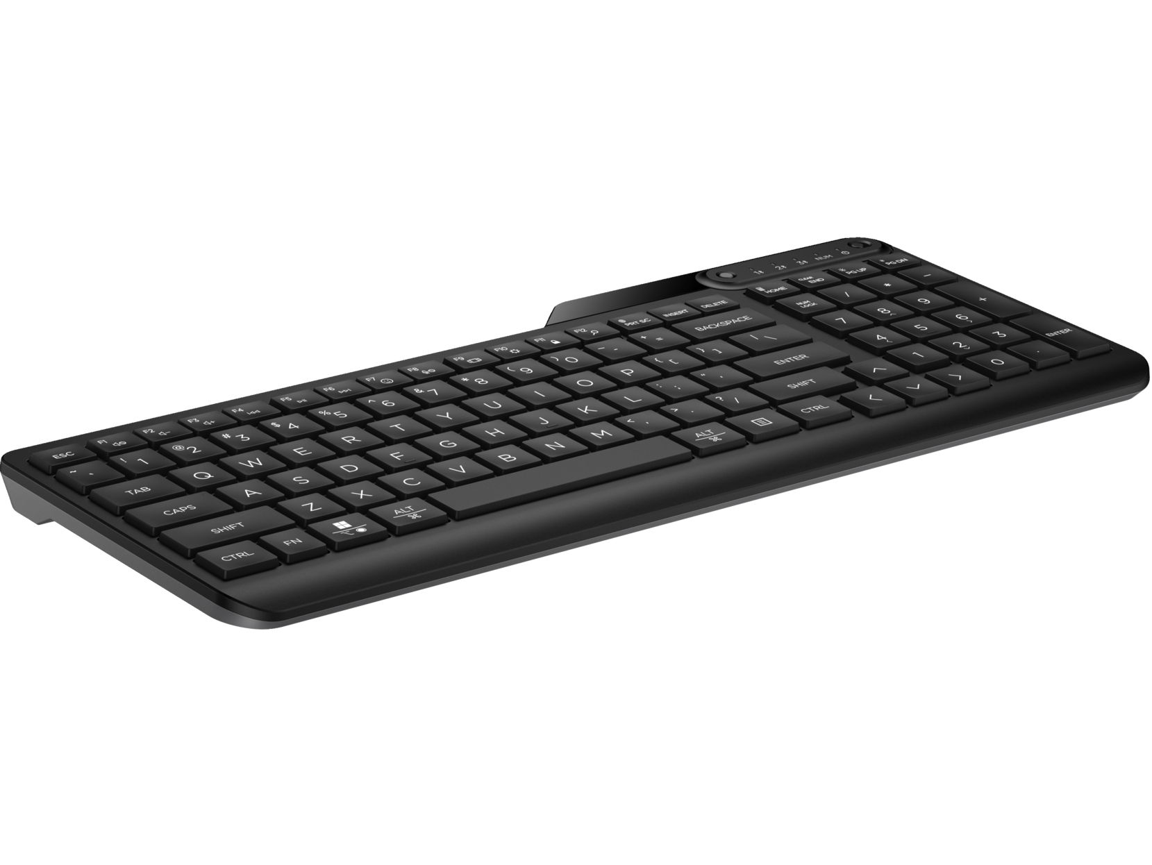 Teclado negro con teclas. Vista desde arriba.