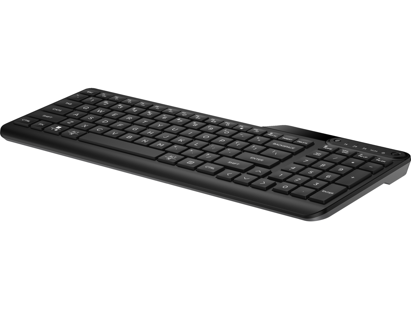 Teclado negro de tamaño completo con teclado numérico. Las teclas están etiquetadas con caracteres blancos.