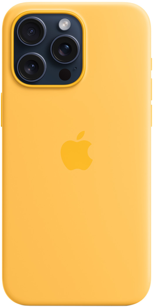 Sárga iPhone 13 Pro Max tok, három kamerával és középre helyezett Apple logóval.
