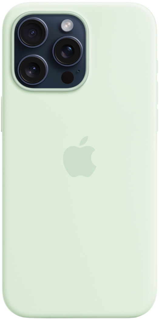 Egy világoszöld iPhone hátulja, három kamerával és egy Apple logóval fehér felületen.