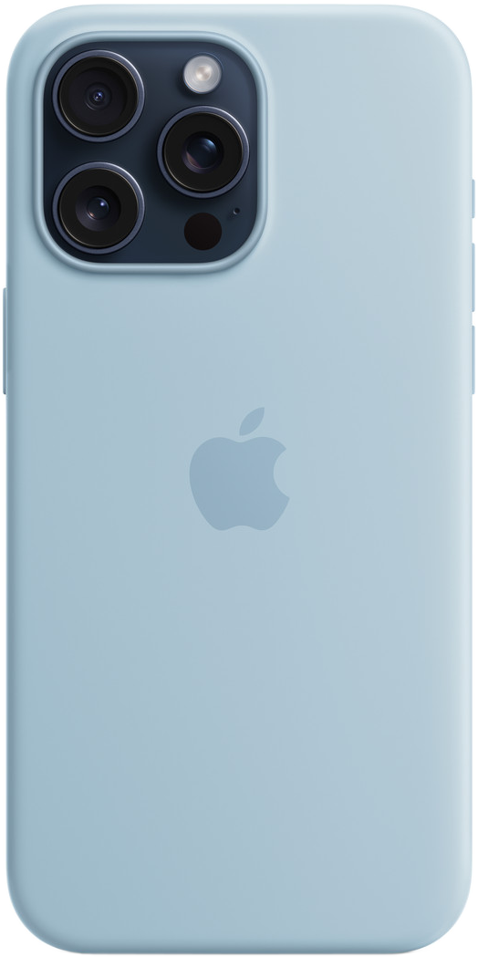 Világoskék iPhone tok Apple logóval és kamerarészletekkel.