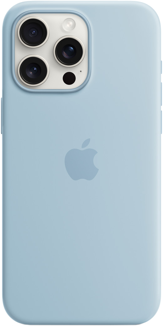 Világoskék iPhone, három kamerával és Apple logóval.