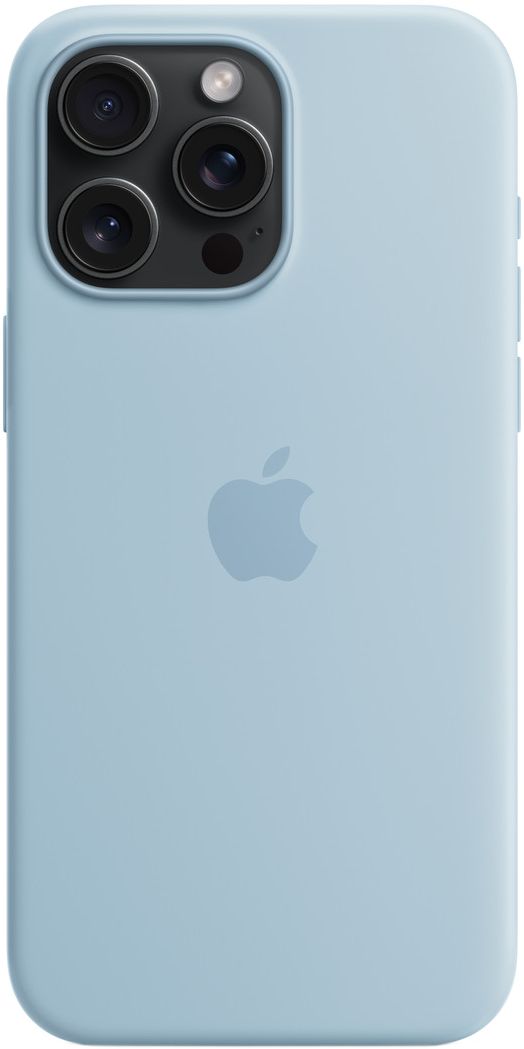 Világoskék iPhone tok Apple logóval fehér háttérrel.