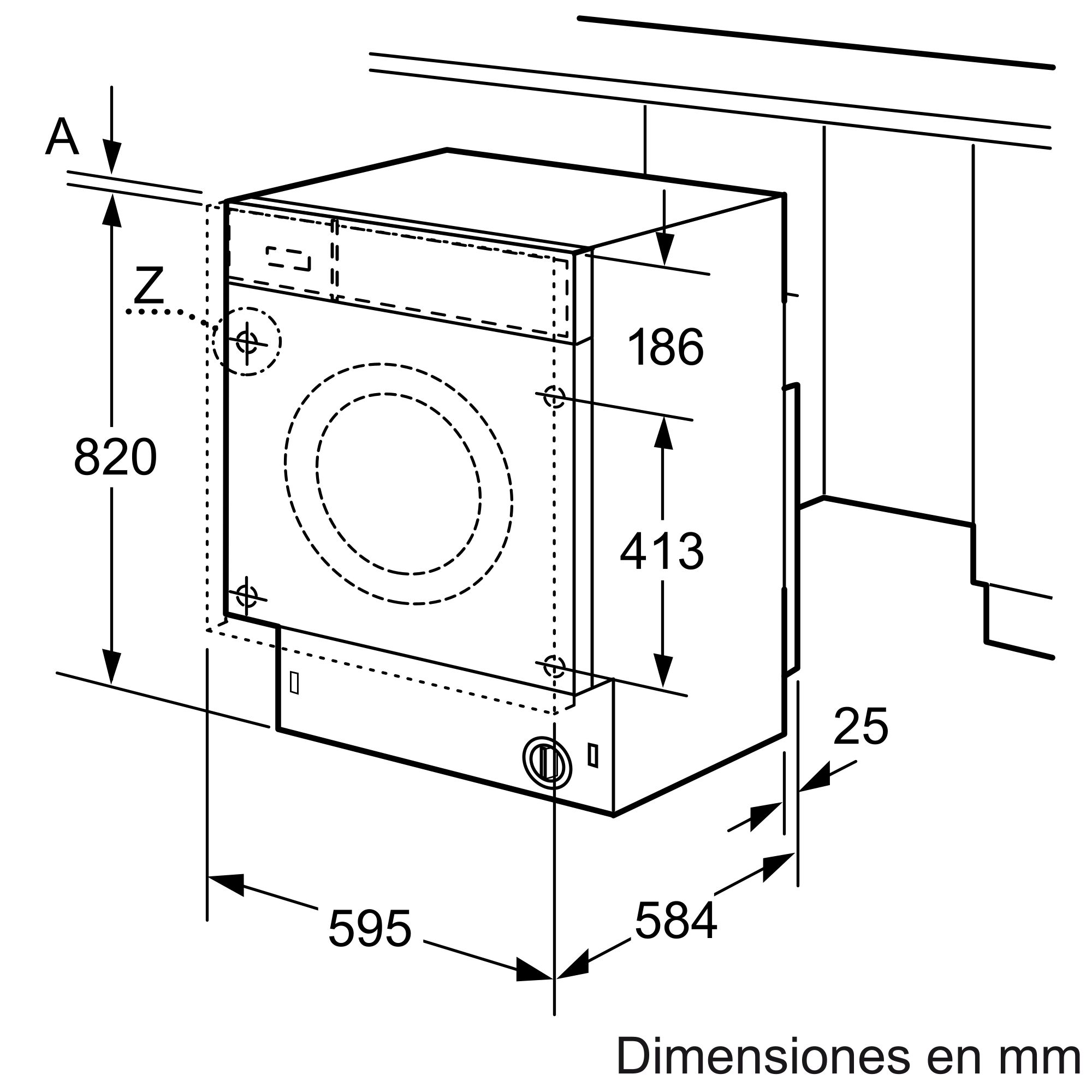 Diagrama de una lavadora, con dimensiones en mm.
