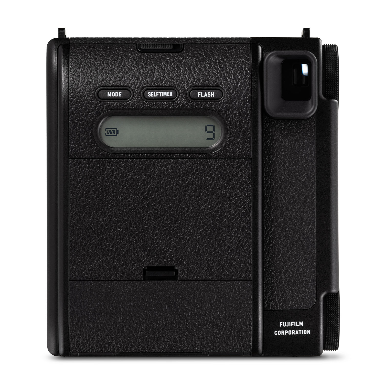 Fotocamera istantanea nera con pulsanti e display digitale.