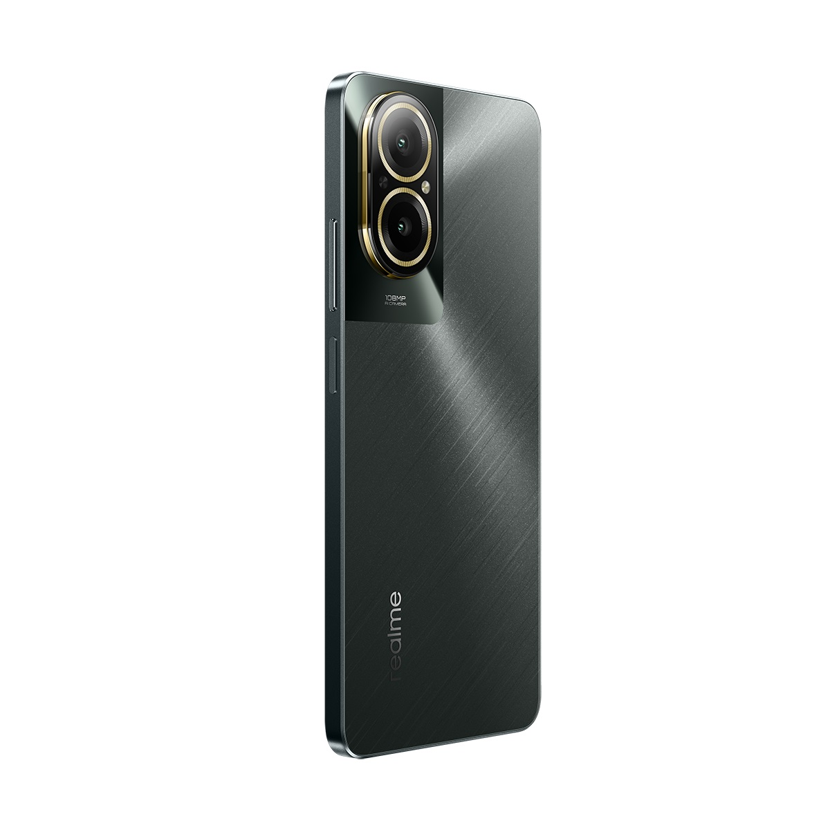 Çift kameralı ve Realme logosu olan koyu yeşil bir akıllı telefonun arkası.