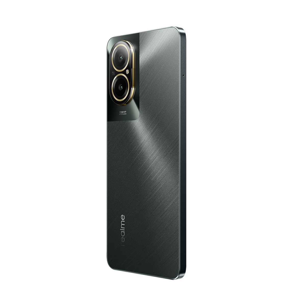 Siyah akıllı telefon, yan görünüm, kamera çıkıntısı ve realme logosu.