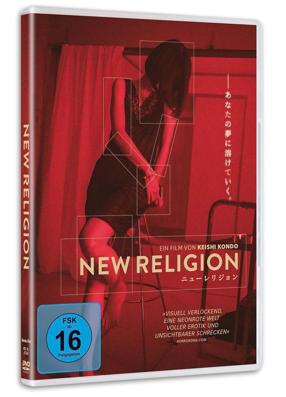 DVD-Hülle für 'New Religion'. Zeigt eine Frau in schwarzem Kleid und japanischen Text auf rotem Hintergrund.