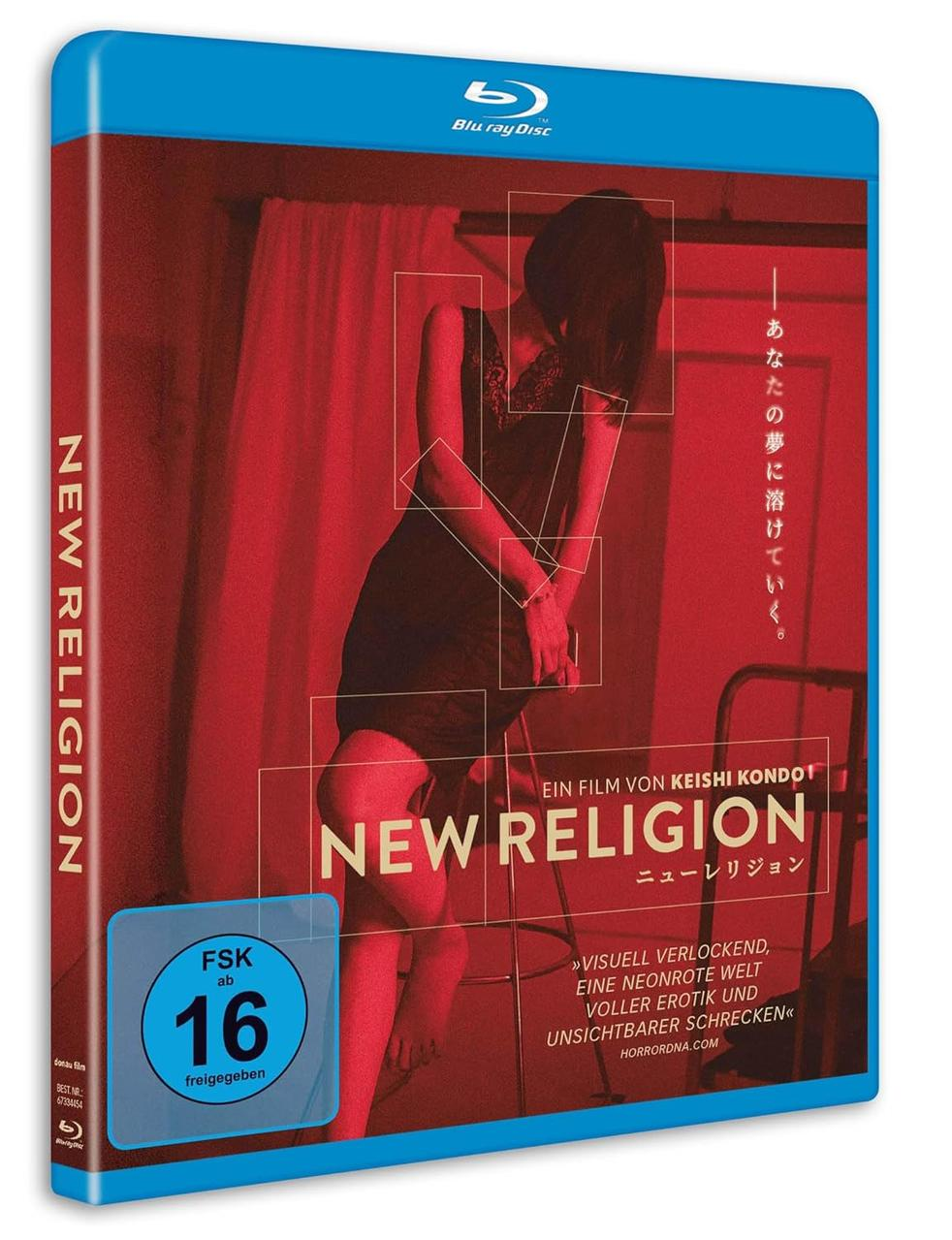 Blu-ray-Hülle mit Frau in schwarzem Kleid. Text: „New Religion“ in mehreren Sprachen.