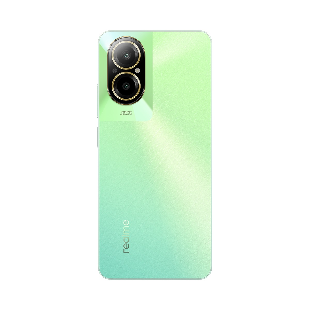 Açık yeşil bir Realme telefonunun arkası, çift kamera lensi ve Realme logosu ile.