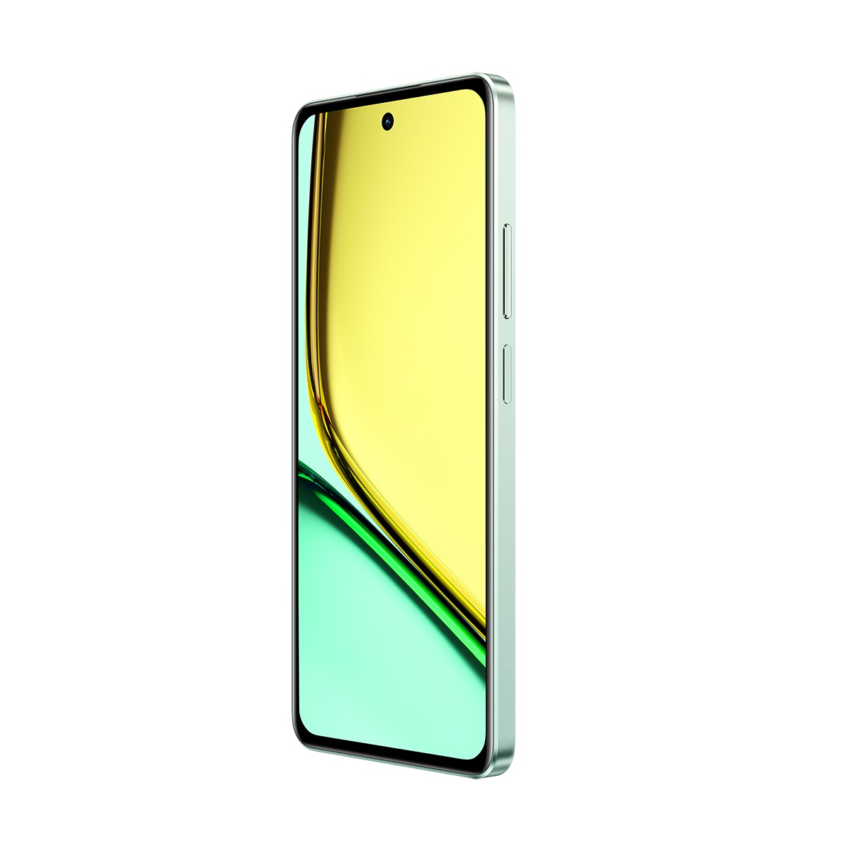 Yeşil ve sarı bir akıllı telefon. Ekran, renkli bir soyut tasarım gösteriyor.