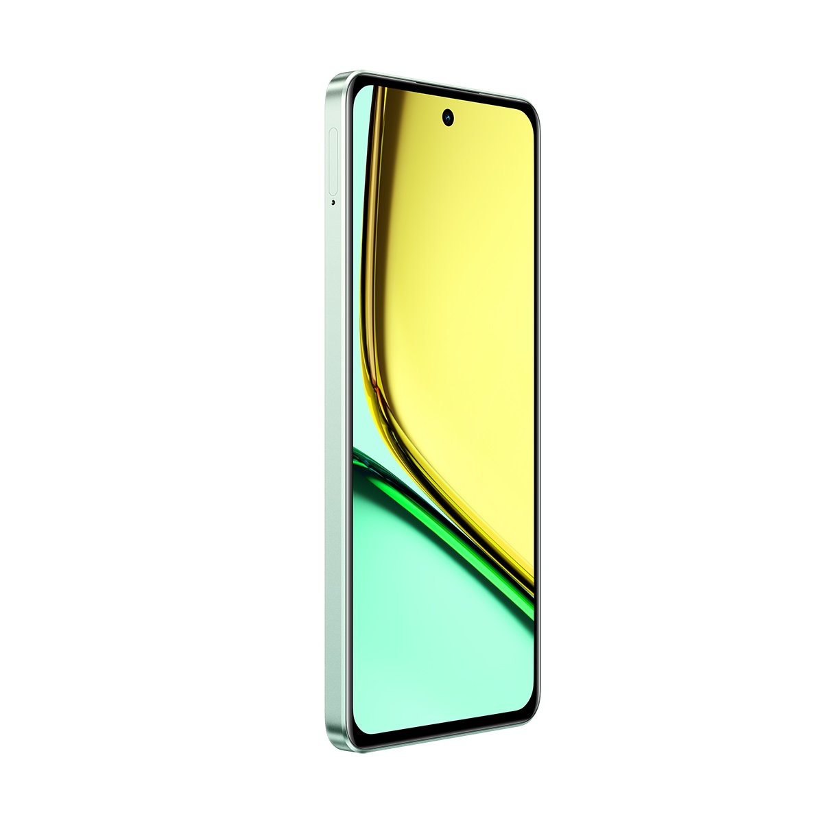 Yanından görülen, sarı ve yeşil ekranlı, nane yeşili bir akıllı telefon.