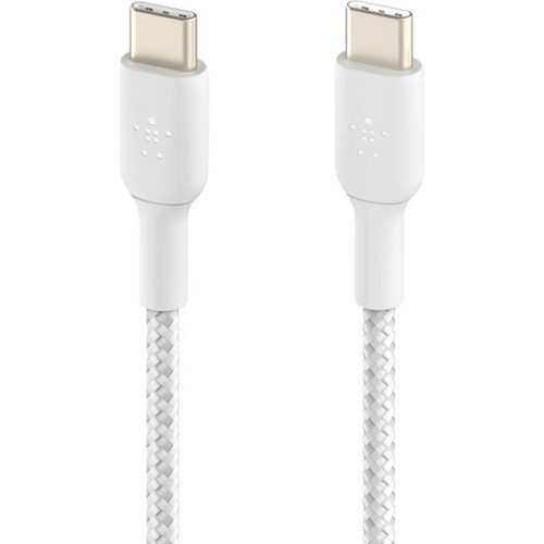 Beyaz Belkin USB-C - USB-C kablosu. Örgülü, beyaz, iki konektörlü. Beyaz zemin.