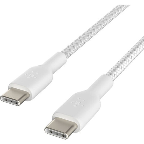 Her iki ucunda konektörleri olan beyaz USB-C kablosu. Kablonun örgülü bir dokusu var.