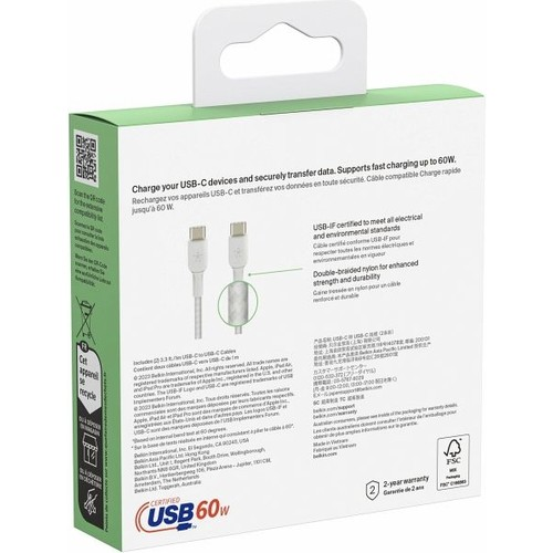 Belkin USB-C kablo kutusunun arkası, kablo ve özellikleri hakkında metin ve resimlerle.