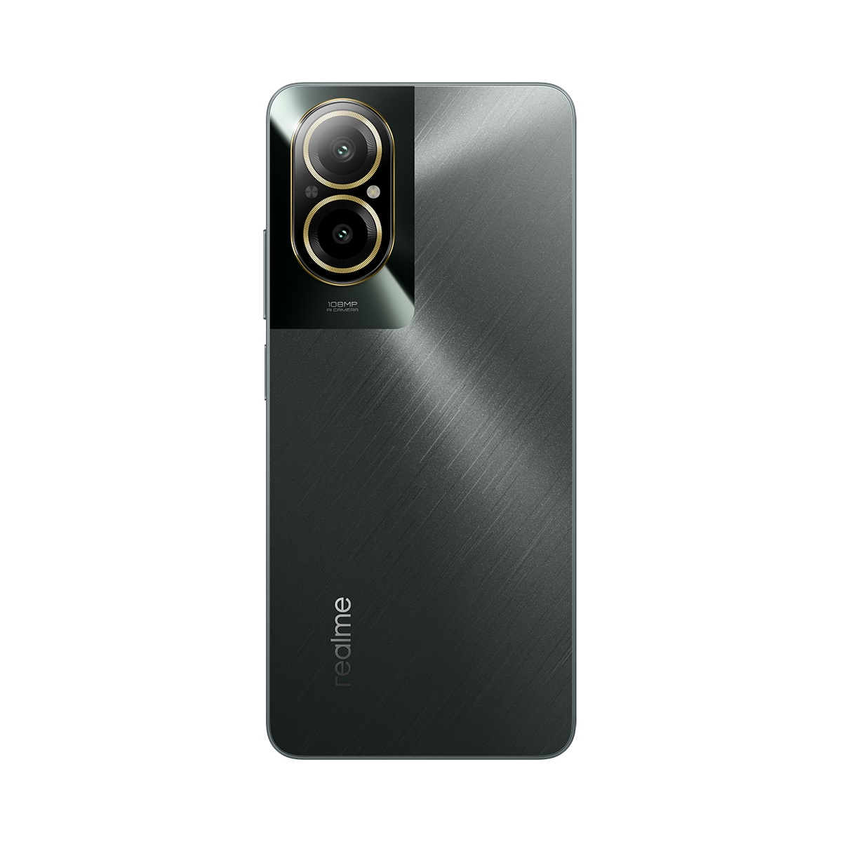 Koyu yeşil bir telefonun arkası, çift kamera lensleri ve Realme logosu ile.