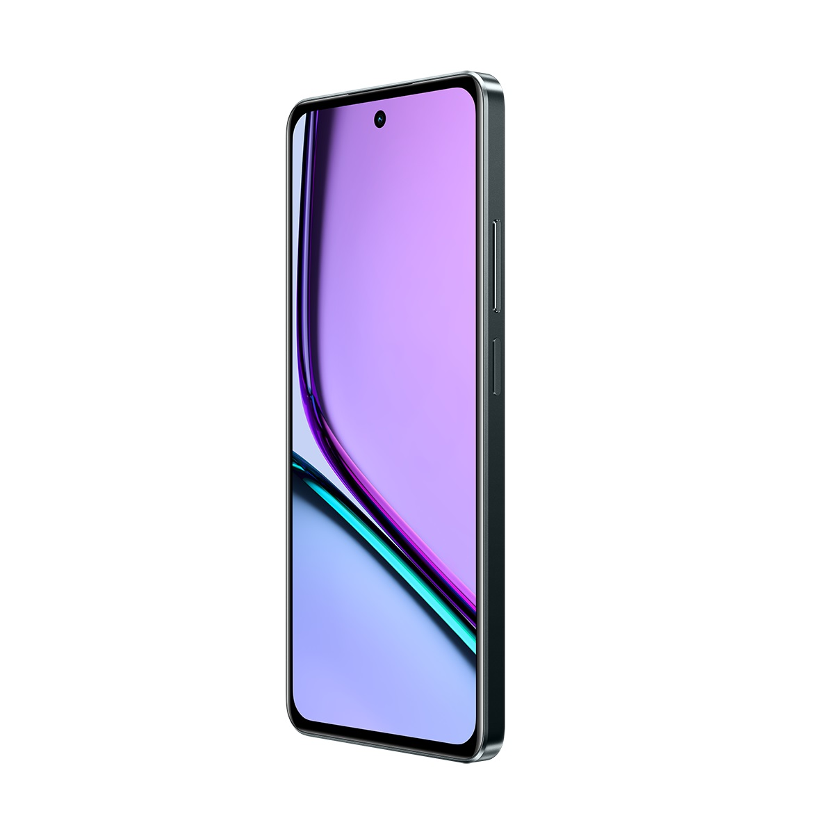 Mor ekranlı bir telefon beyaz bir zeminde.