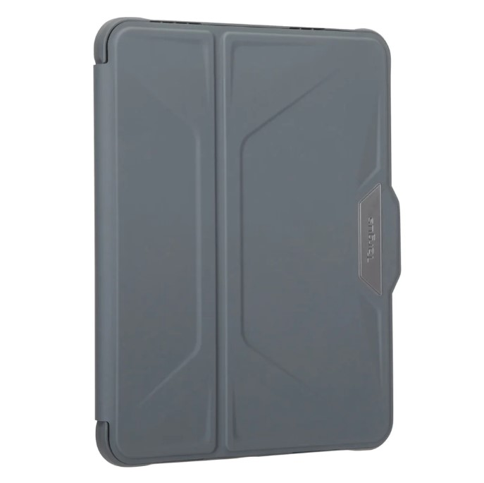 Yanında Targus logosu bulunan, kapalı gri bir tablet kılıfı.