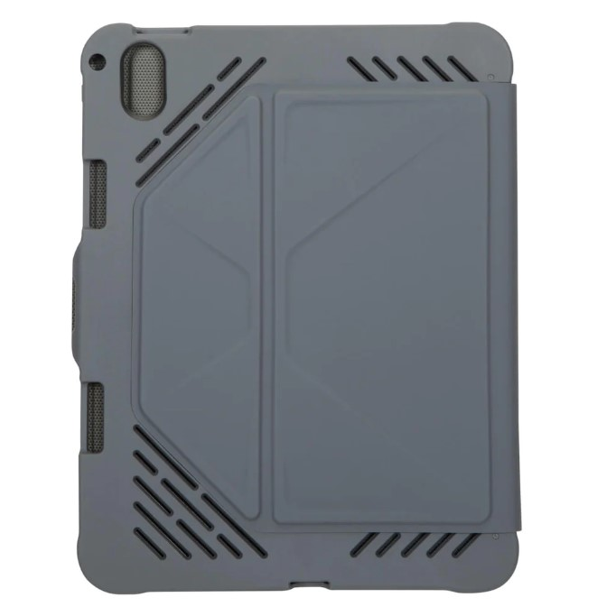 Geri katlanmış bir kapak ve bir kalem yuvası olan gri bir tablet kılıfı.