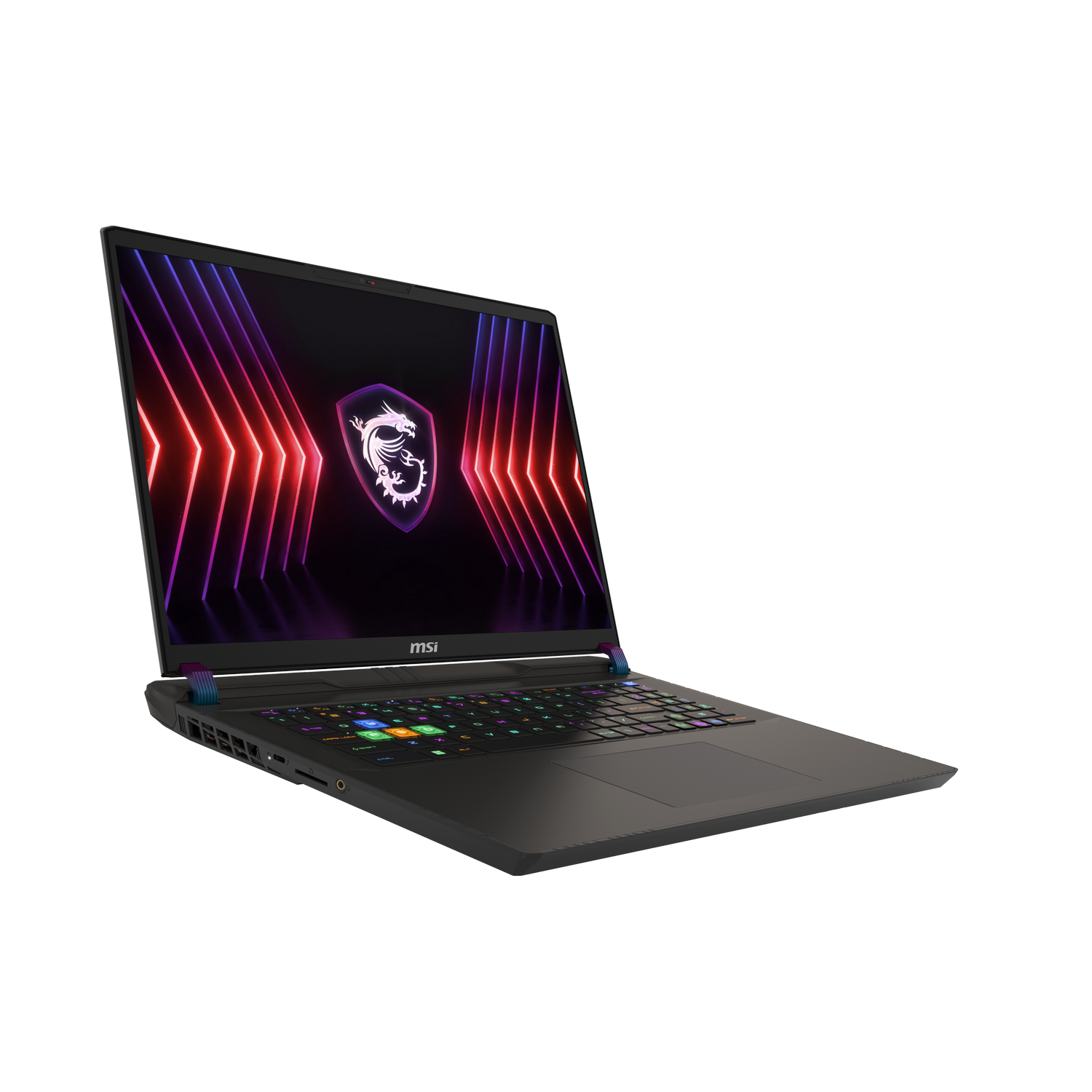Una laptop MSI para juegos negra con pantalla, teclado y logotipo brillantes.