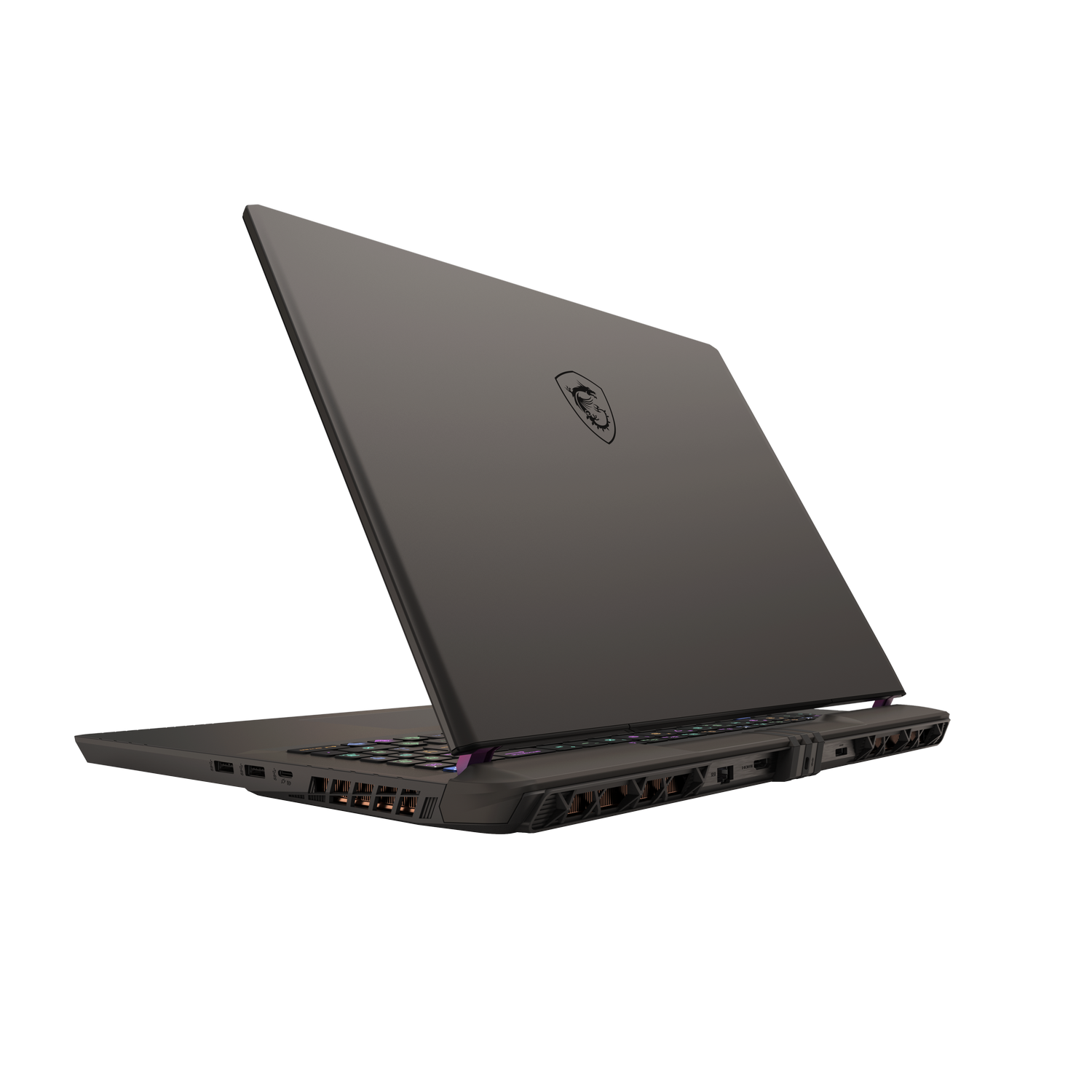 Un portátil gris oscuro, ligeramente abierto, con el logo de MSI. Fondo negro.