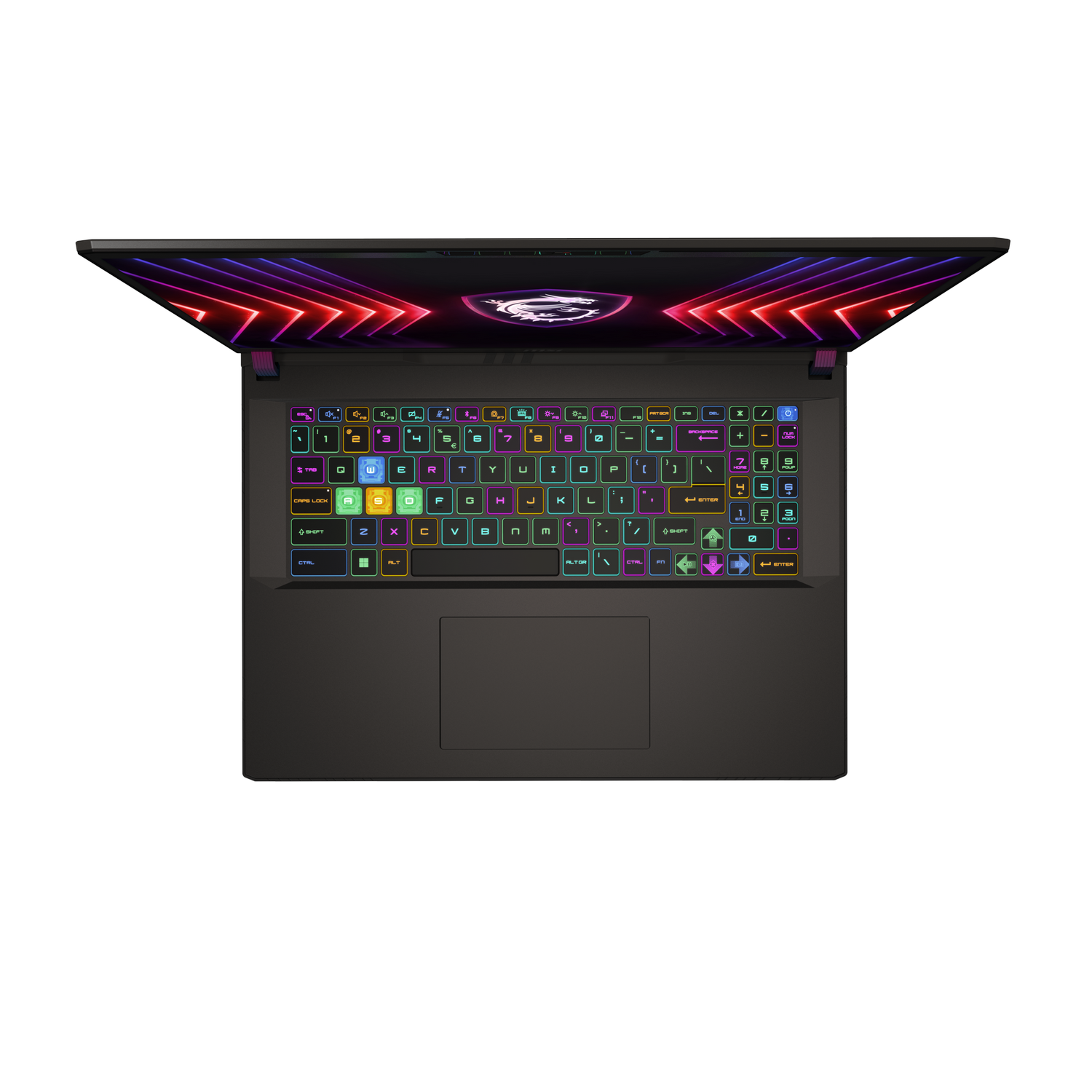 Vista superior de un teclado de portátil con teclas coloridas y un logotipo de juegos. El portátil está abierto.