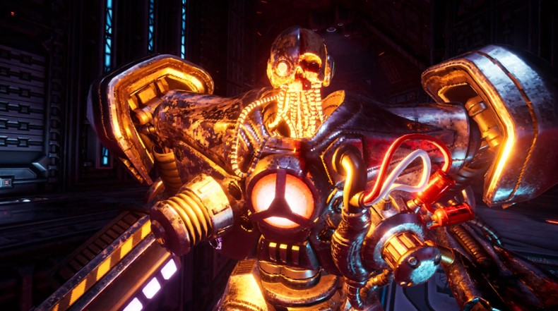 Een futuristische robot met een schedelachtig hoofd, oranje gloeiend, in een metalen omgeving.