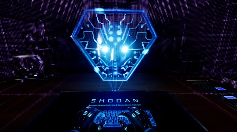 Een blauw digitaal gezicht met de tekst SHODAN, in een digitale omgeving.