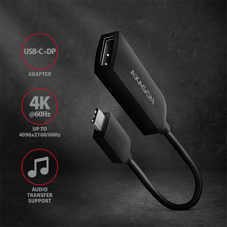 Fekete Axagon adapter USB-C és DP csatlakozókkal. Azt mondja, '4K @60Hz'.