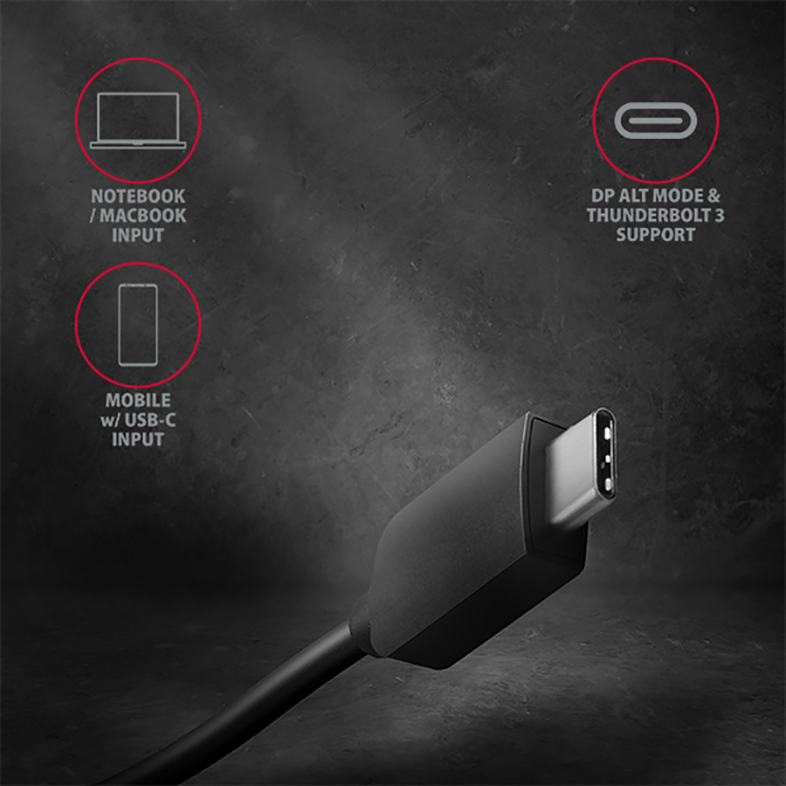 USB-C kábel, notebook, mobil és Thunderbolt 3 ikonokkal.