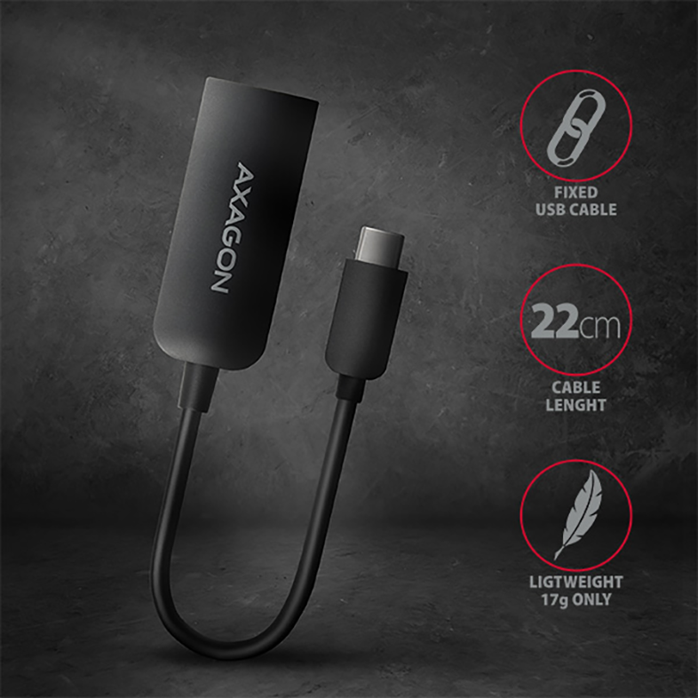 Fekete Axagon adapter USB-C kábellel és szöveges leírásokkal.